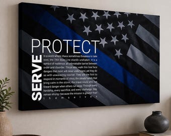 Thin Blue Line Canvas Art, Serve and Protect Wall Decor for Police, Patriotic Law Enforcement Gift, First Responder Tribute Home Decor