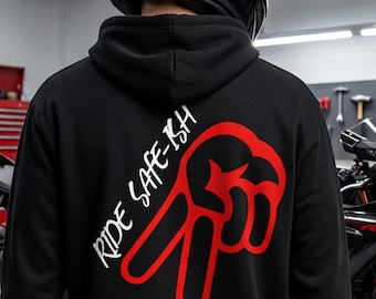 Ride Safe-ish Motorcycle Hoodie - Biker Peace Sign Hoodie, Bold Red Graphic Pullover, Street Style Safety Message, Gift for Riders, Unisex
