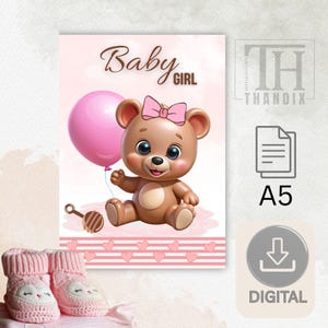 Carte de naissance numérique fille "Baby Girl", carte bébé à imprimer, carte de félicitations naissance, 15 x 10 cm