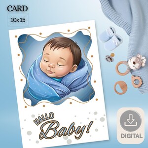 Carte de naissance numérique pour garçon « Bonjour bébé ! » Carte bébé à imprimer, carte d'anniversaire, 10 x 15 cm