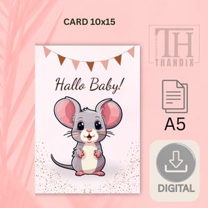 Carte de naissance numérique fille "Hello Baby", carte bébé à imprimer, carte de félicitations naissance, 15 x 10 cm