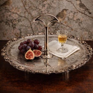 May include: A silver two-tiered serving tray with ornate edges holds grapes, sliced figs, and a small glass of amber liquid on a white napkin. The tray has a central handle. The background features a floral wallpaper.
