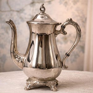 May include: A silver-plated coffee pot with a curved spout and ornate handle. The pot has a lid with a small finial and sits on a decorative base. The pot is displayed on a white lace tablecloth.