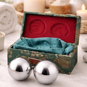 Chinese Baoding Balls with Silk Brocade Box, Meditation Health Spheres