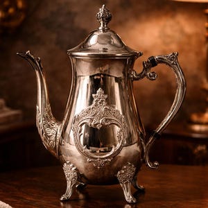 May include: A silver-plated teapot with ornate detailing, including a decorative handle and spout. The teapot features a lid with a finial and rests on three decorative feet. The design is vintage and elegant, suitable for serving tea.