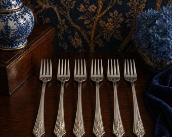 1935 Art Deco Royal Saxony Silverplate Forks Set of 6 Dessert Salad Forks