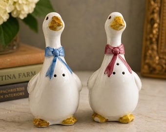 Vintage Otagiri OMC Goose Salt and Pepper Shakers Japan Hand Painted Ceramic Duck Pair Blue Pink Bow Farmhouse Decor