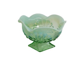 Jefferson Glass Green Opalescent Compote Bowl Beaded Footed Candy Dish Depression Era Pressed Glass