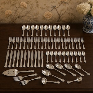May include: A large silver flatware set featuring numerous spoons, forks, and knives with ornate handles. The collection includes a cake server, a small ladle, and various serving spoons, all arranged in a structured grid on a dark surface.