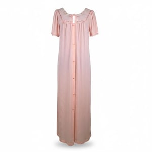 Vintage Pink Nylon Nightgown Robe Long Button Front Floral Lace Cottagecore