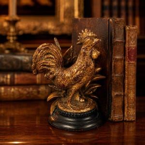 May include: A gold-colored rooster figurine with intricate detailing, perched on a black base. The rooster stands next to two antique leather-bound books. The background features more books and a blurred candle holder, creating a vintage aesthetic.