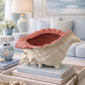 Vintage Atlantic Mold Conch Shell Planter Large Ceramic Cache Pot Coral Pink Interior Coastal Decor Statement Piece