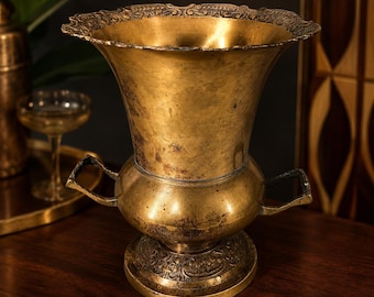 Vintage MCM Brass Champagne Bucket Ornate Pedestal Wine Chiller Urn Ice Bucket