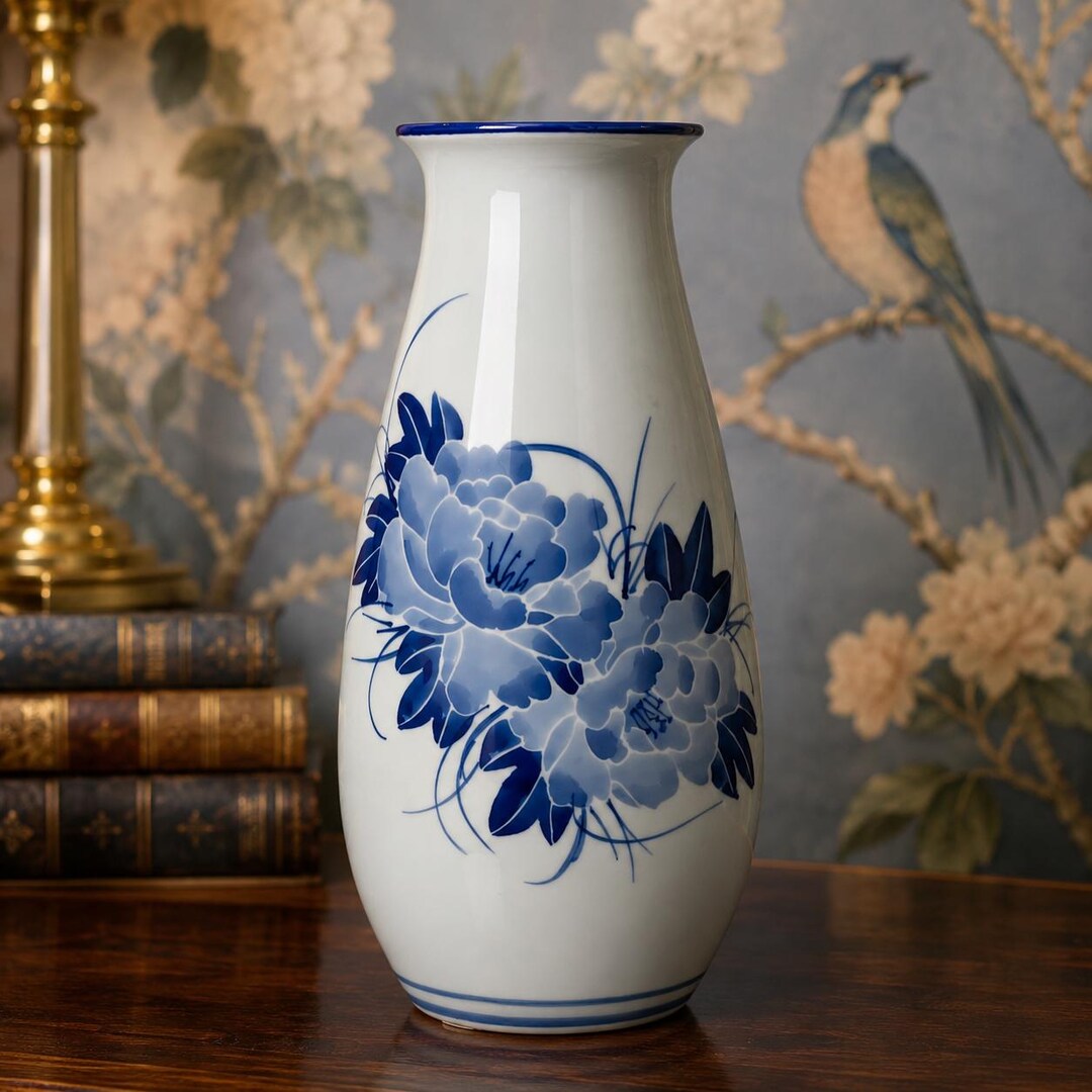 Vintage Blue White Porcelain Vase Hand Painted Floral Chinoiserie Asian ...