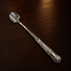 May include: A silver-toned spoon with a flat, shovel-shaped bowl and a long, slender neck. The handle features intricate, embossed floral and scrollwork patterns with a shell-like motif at the base, providing a textured, metallic appearance.
