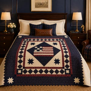 May include: A quilt featuring a central American flag motif in red, white, and blue, surrounded by a diamond-patterned border and star accents. The design incorporates a cream-colored background with navy blue and deep red fabric sections.
