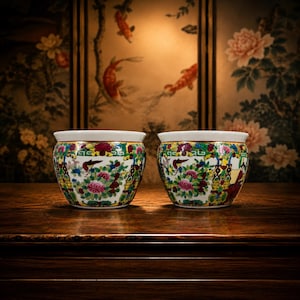 May include: Two matching, round ceramic pots with a white rim and a colorful floral and bird design. The pots sit on a dark wooden surface, with a decorative background featuring koi fish and floral patterns.