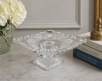 Shannon Crystal Pedestal Cake Stand Pressed Glass Square Dessert Stand Vintage Clear Glass Compote Serving Display 8 Inch