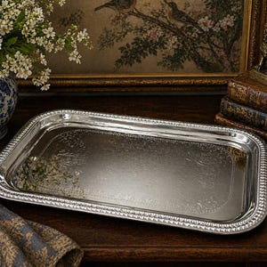 Large Chrome Serving Tray 18.5” Rectangular Silver Tone Platter Beaded Rim Vanity Barware Tray