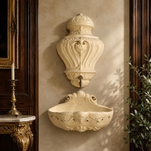 May include: Cream-colored wall-mounted fountain with ornate detailing. The upper portion has a vase-like shape with a decorative top, while the lower part is a basin with scrolled accents. A small faucet is visible.