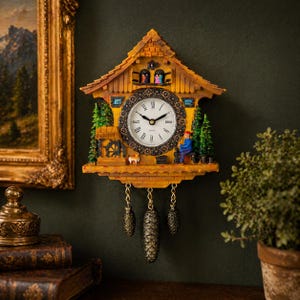 May include: A decorative yellow cuckoo clock with a white clock face and black hands. The clock features miniature figures, pine tree accents, and hanging pinecone weights. The clock is mounted on a dark green wall.