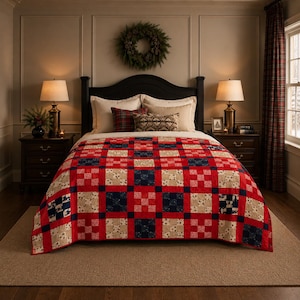 May include: A patchwork quilt featuring a repeating grid pattern of red, navy blue, and beige floral squares. The quilt is draped over a bed with a dark headboard, flanked by two bedside tables with lamps, creating a symmetrical bedroom display.