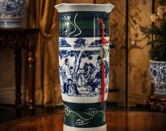 Vintage Chinese Porcelain Vase: Blue White Green Scenic Figural Motif, Red Tassel