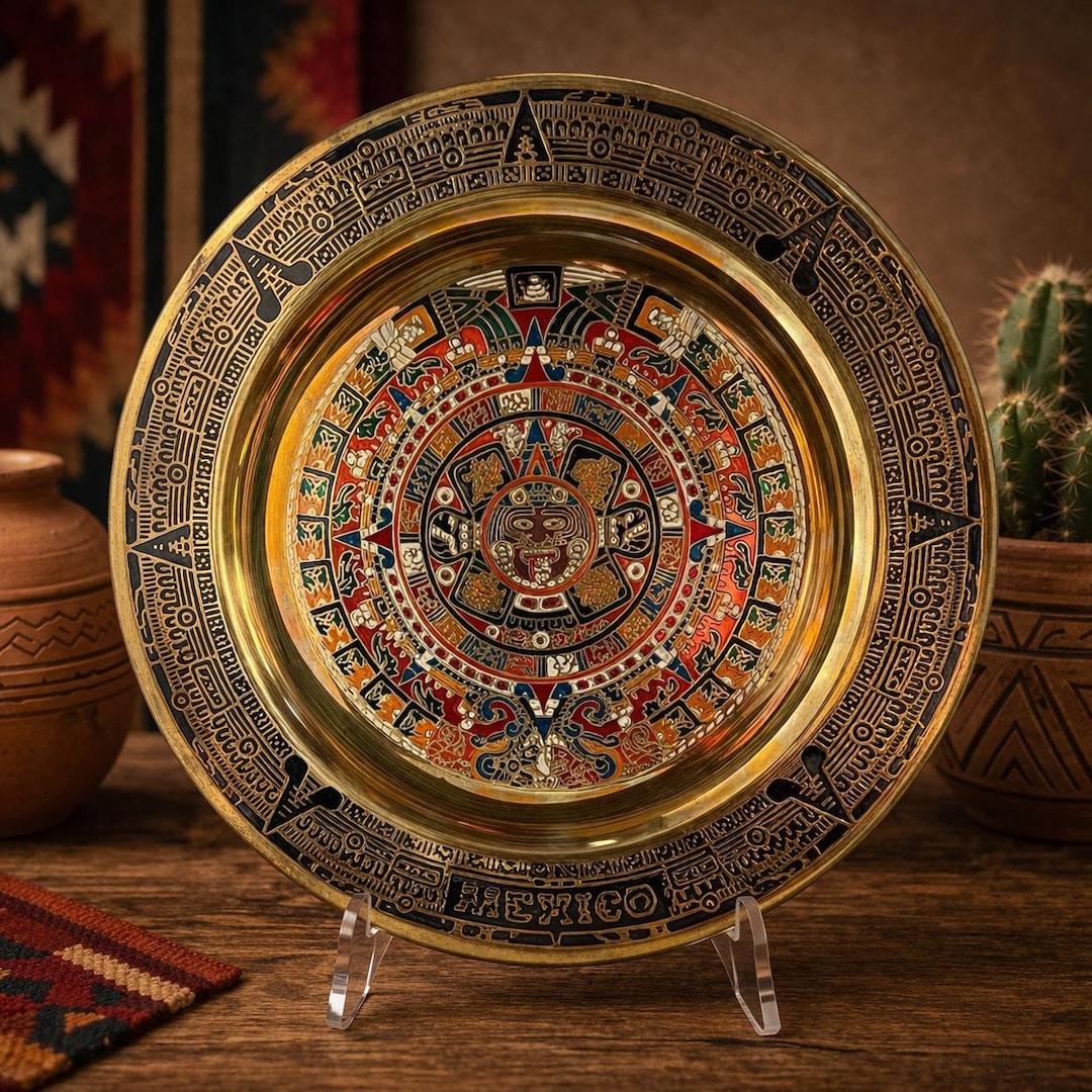 Vintage Mexican Enamel Brass Aztec Calendar Plate – Sun Stone Wall Art ...