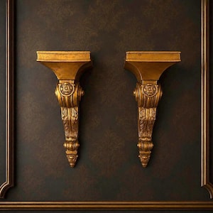 May include: A pair of matching wall-mounted shelves, each featuring a gold finish with intricate carved details, including a circular medallion at the top and leaf-like patterns extending down to a pointed base, designed for display purposes.