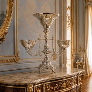May include: A silver-toned metal centerpiece featuring a tall central bowl supported by a decorative pedestal base, flanked by two smaller matching bowls on curved arms. The entire structure is adorned with intricate embossed patterns.