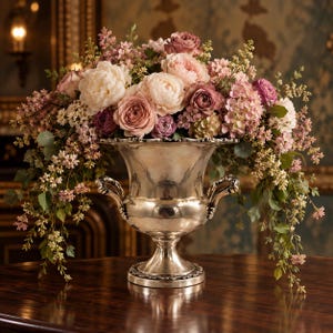 May include: A large silver-toned metal urn vase featuring ornate handles and a pedestal base, overflowing with a lush arrangement of cream, blush pink, and deep mauve roses, peonies, and delicate green foliage cascading over the sides.