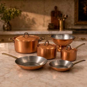 May include: A collection of copper cookware including a large lidded pot, a medium lidded pot, a small lidded saucepan, a colander, and two frying pans with long handles. Each piece features a metallic copper exterior and a silver-toned interior.