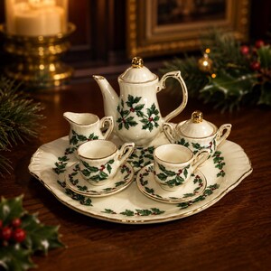 1990s Baum Bros Formalities Christmas Holly Mini Tea Set 10 Pc Boxed