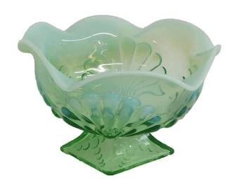 Jefferson Glass Green Opalescent Compote Bowl Beaded Footed Candy Dish Depression Era Pressed Glass