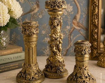 Vintage Gold Cherub Candlestick Set Ornate Gilt Candle Holders Italian French Style Baroque Rococo 3 Piece Graduated Set