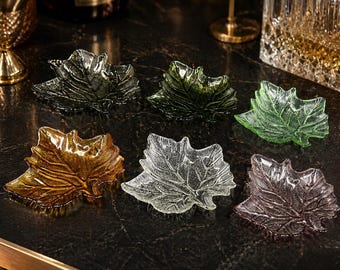Vintage Glass Leaf Appetizer Plates Set of 6, Colored Maple Leaf Dishes, Fall Barware Nut Candy Snack Bowls, 7 Inch Serving Set