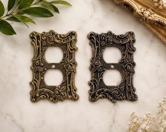 Pair Vintage AmerTac Brass Outlet Covers Ornate Rose Floral Rococo Wall Plates