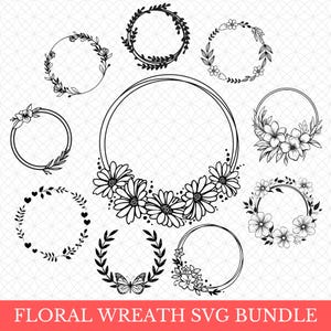 Floral Wreath SVG Bundle, Wedding Wreath Clipart, Monogram Wreath Frame SVG PNG , Circle Floral Frame for Cricut and Silhouette