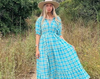 Handmade Vintage Inspired Blue Cotton Tiered Maxi Dress with Puff Sleeves Boho Bohemian Dress