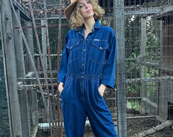 Vintage Denim Long Sleeve Jumpsuit with Snaps Up The Front  by Ideas