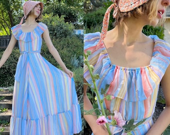 Vintage 1970s Striped Cotton Prairie Style Maxi Dress with a Ruffle Neckline and Hemline