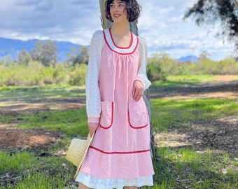 Vintage 1970s Cotton Striped Long Eyelet Sleeve Dress with Polka Dot Trim by Jody T