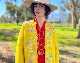 Vintage 1960s Yellow Wool Cardigan with an Embroidered Floral Design