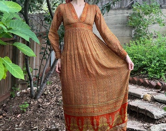 Vintage 1970s Indian Cotton Floral Block Print Long Sleeve Dress Boho Semi Sheer