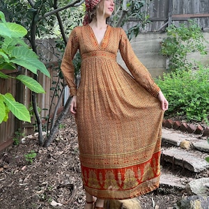 Vintage 1970s Indian Cotton Floral Block Print Long Sleeve Dress Boho Semi Sheer