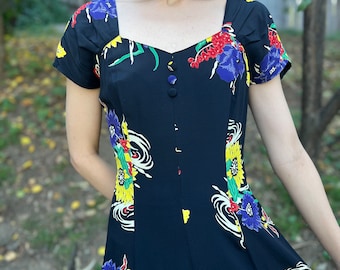Vintage Black Rayon Floral Print Dress with Sweetheart Neckline and Peek A Boo Back