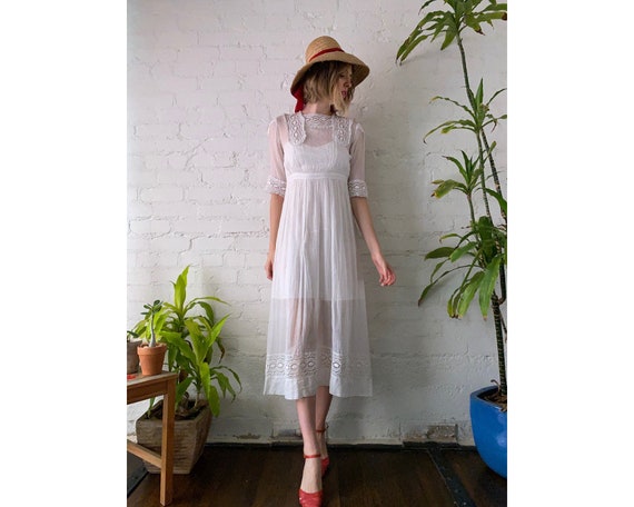 Vintage White Cotton Victorian Dress with Crochet