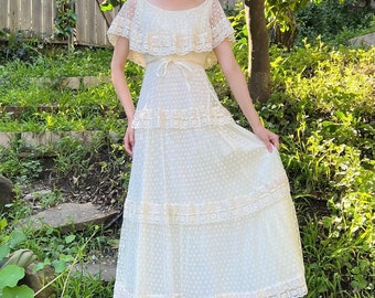 Vintage 1970s Beige Maxi Dress with a Polka Dot Mesh Over Lay and Lace Trim