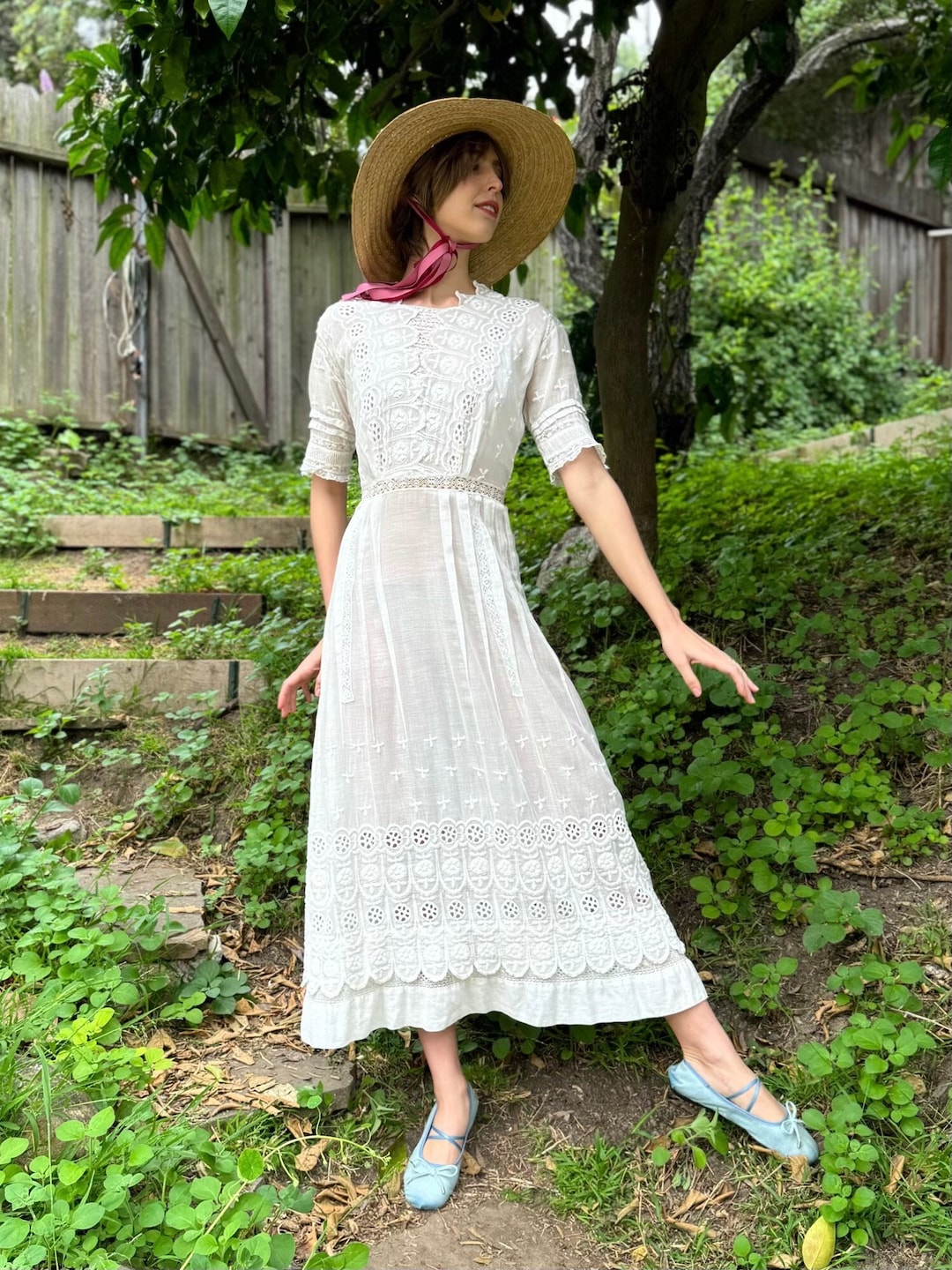 ◎Edwardian White Dress Cotton and Lace Vintage Antique 1900s 1910s Edwardian White Cotton And Lace