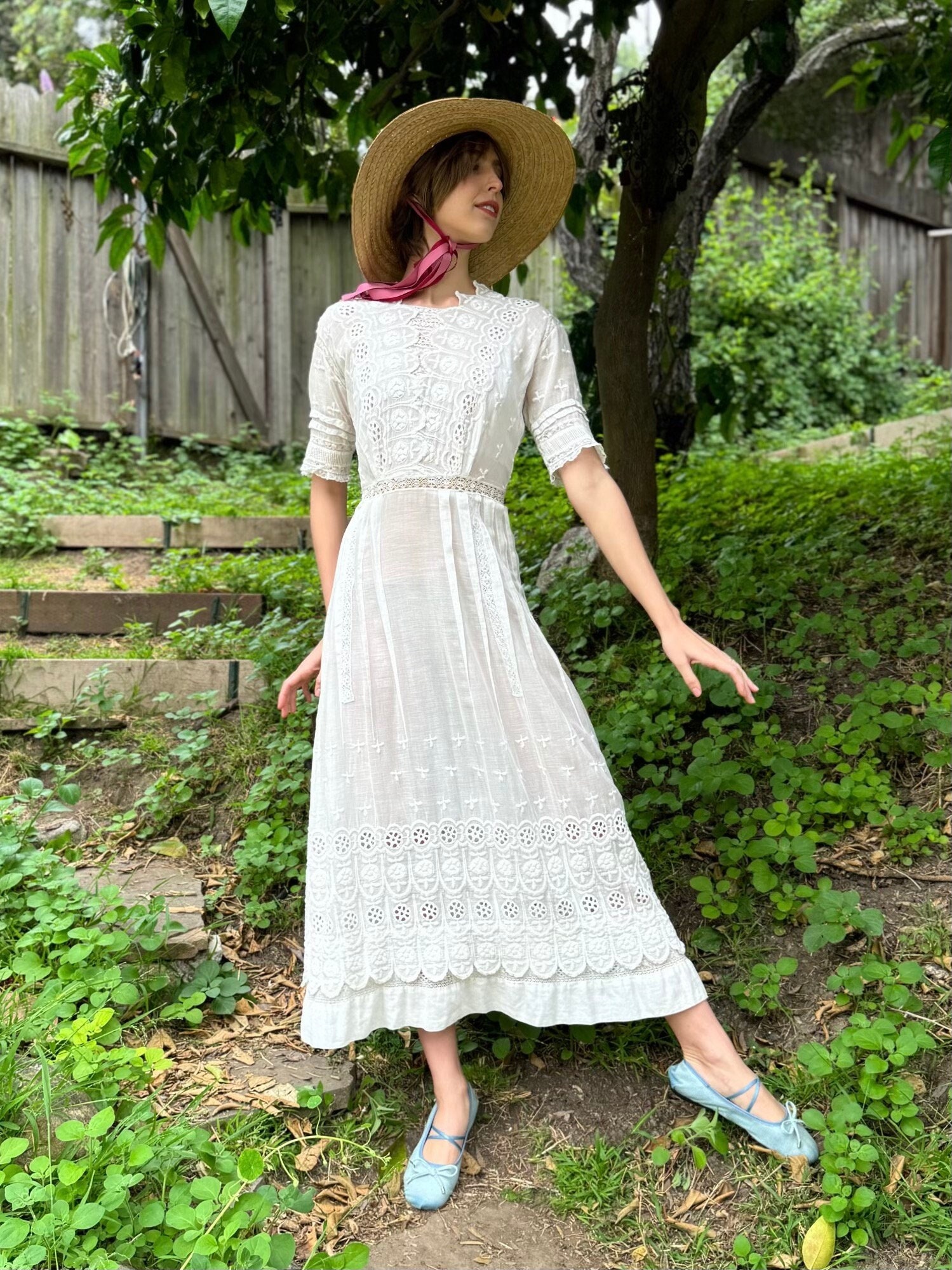 ◎Edwardian White Dress Cotton and Lace Antique Edwardian White Cotton Lace Dress | Size Small